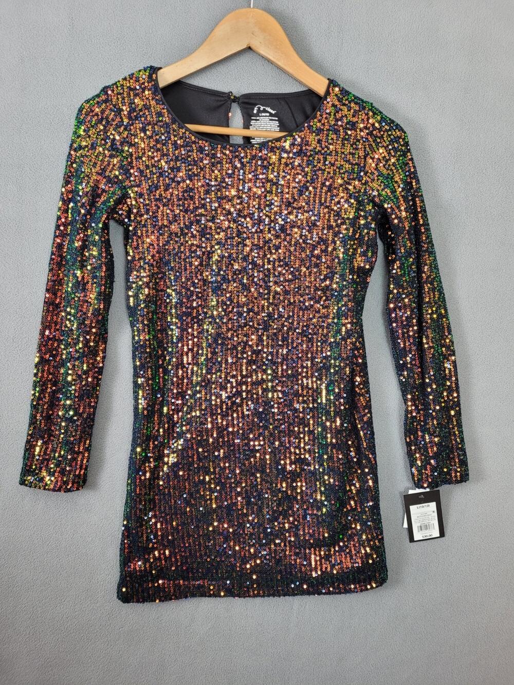 Art Class Girls Sequin Shift Dress Multicolor Long Sleeve Formal Large 10/12